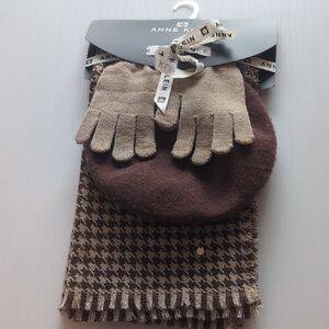 Anne Klein Brown Houndstooth Scarf, Beret & Metallic Gold Gloves Set